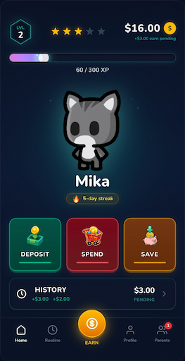 Chortal app on a phone — kid profile with balance, chores, spend, save