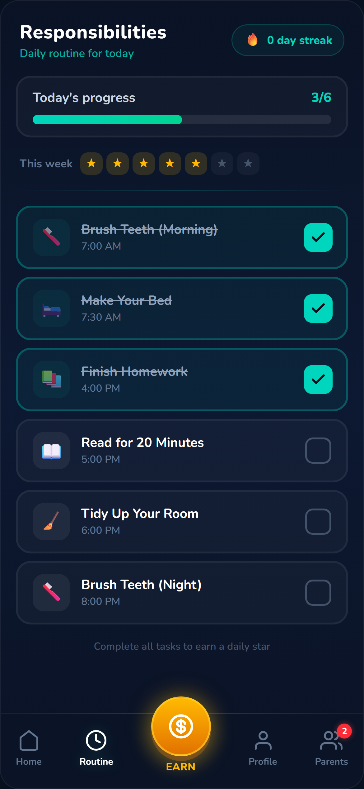 A child's daily routine in Chortal with weekly star progress toward the allowance quota