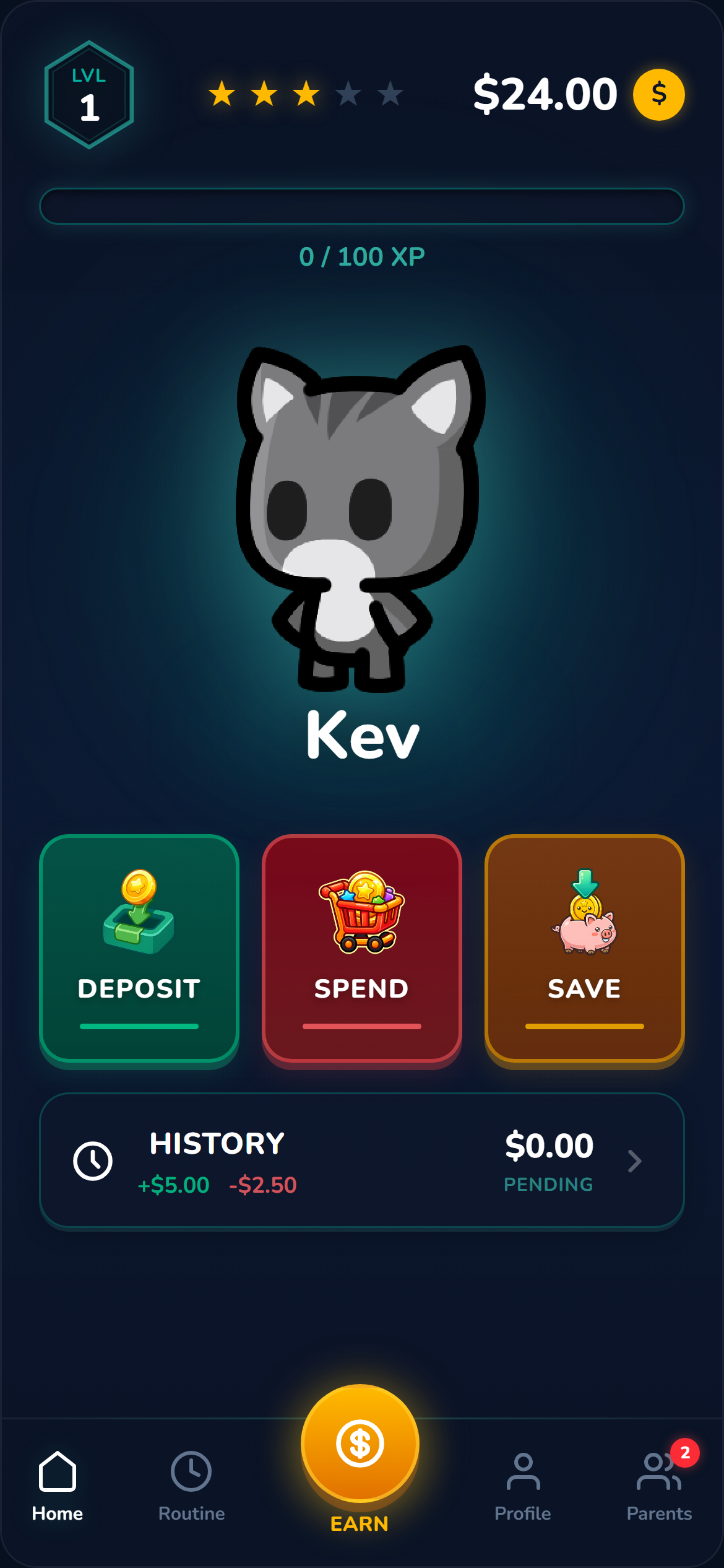 A child's Chortal dashboard showing balance, XP level, and Deposit, Spend, and Save options