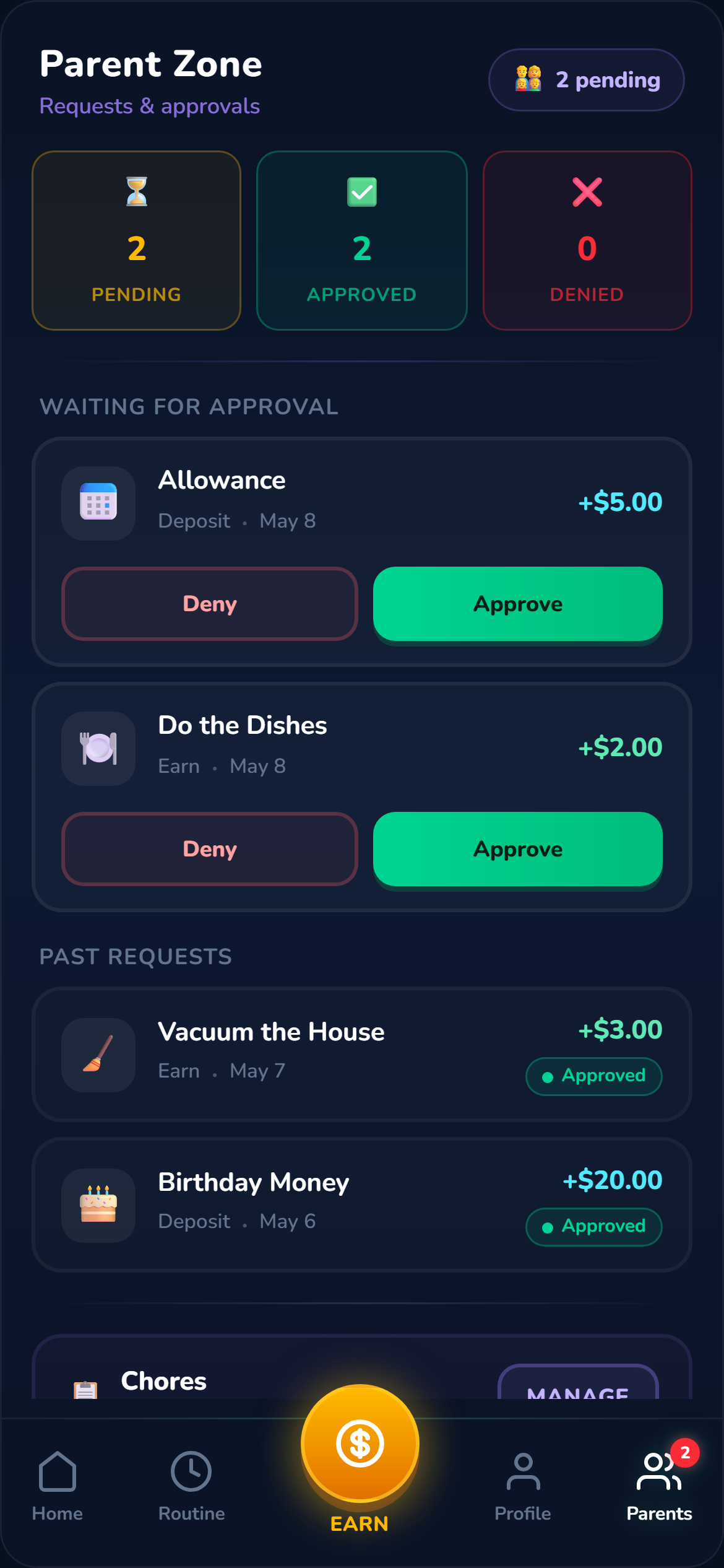 A parent's Chortal approval queue with pending chore and allowance earnings to approve or deny